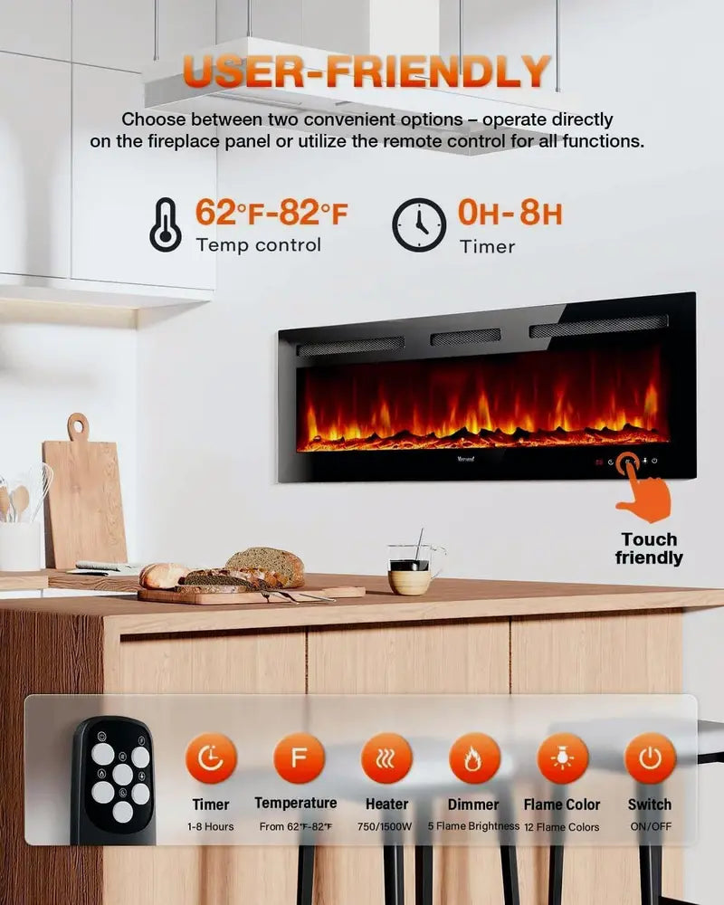 60-Inch Wall-Mounted Electric Fireplace  Realistic Flame Effect Heater with Touchscreen, Remote, Timer & Log/Crystal Media, 7501500W Output