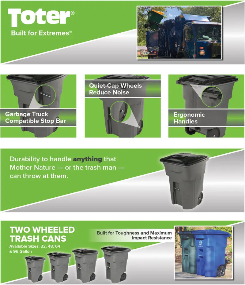 Toter 96-Gallon Wheeled Trash Can  Heavy-Duty Resin Bin with Smooth-Rolling Casters & Secure Lid