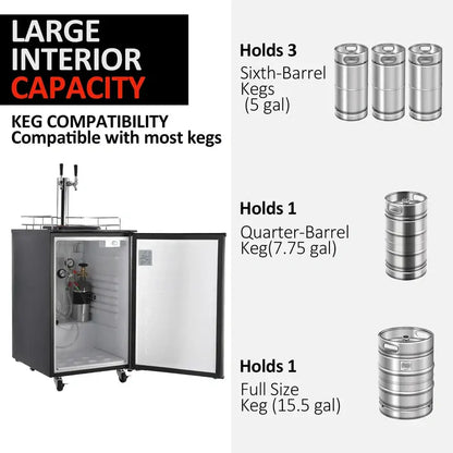 Dual-Tap Stainless Steel Beer Kegerator: Full-Size Draft Dispenser with CO2 Tank & Adjustable Temp (32°F50°F)