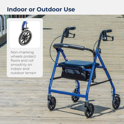 Drive Medical 4-Wheel Rollator Walker  Foldable Design with Padded Seat & Backrest, 6″ Wheels, Durable Blue Frame