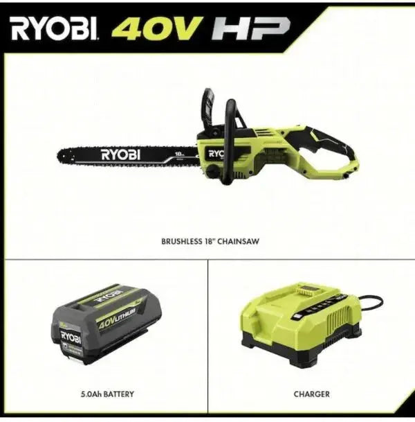 RYOBI 40V 18-Inch Cordless Chainsaw Kit  Brushless Motor, Includes Battery and Charger