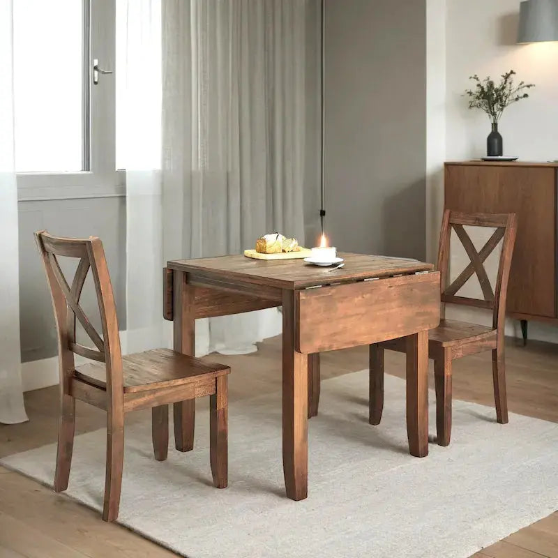 Compact Drop-Leaf Breakfast Nook Set  Three-Piece Wood Dining Solution for Tight Areas