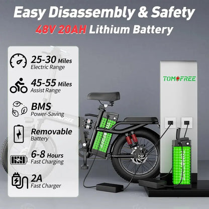 Tomofree T1 1200W High-Speed Folding E-Bike  31 MPH, 48V 20Ah, 16×3″ Snow Tires, LED Display, 330 lb Load Capacity