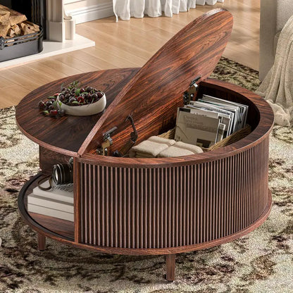 Lift-Top Walnut Coffee Table  31.5″ Fluted Mid-Century Modern Design with Sliding Door & Adjustable Feet