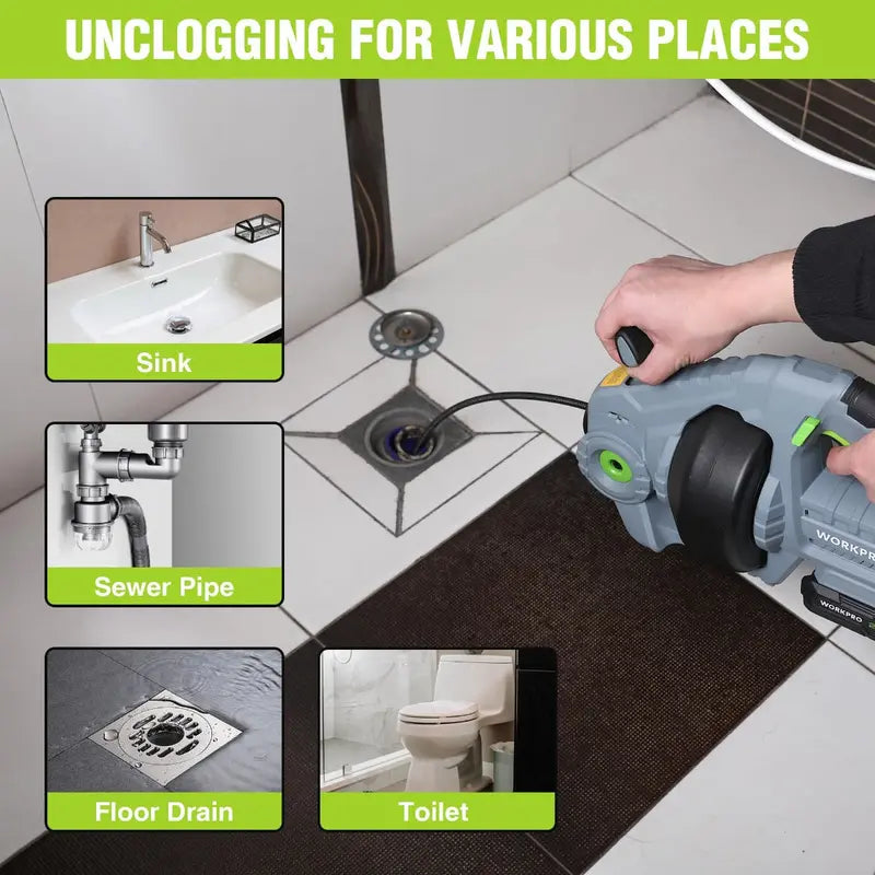 WORKPRO 20V Cordless Electric Drain Auger  25-Foot Plumbing Snake with 2.0Ah Battery & Charger