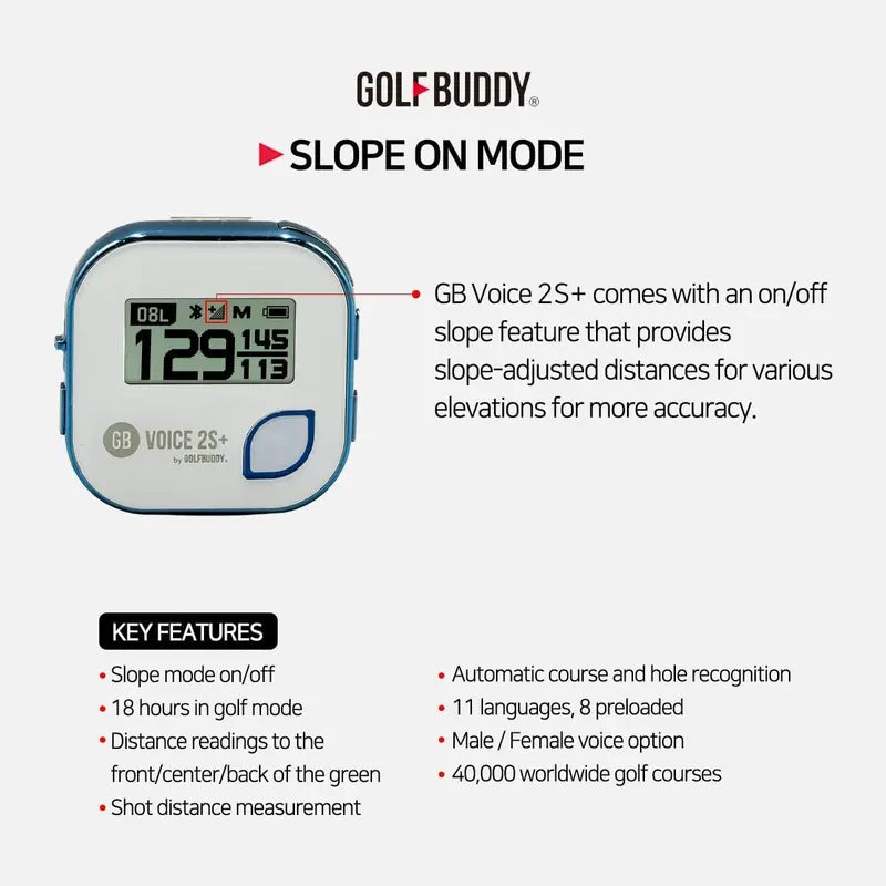GOLFBUDDY Voice 2S+ Clip-On GPS Rangefinder, Slope Mode, 40,000 Courses, 18-Hour Battery, Blue