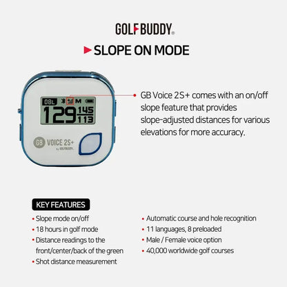 GOLFBUDDY Voice 2S+ Clip-On GPS Rangefinder, Slope Mode, 40,000 Courses, 18-Hour Battery, Blue