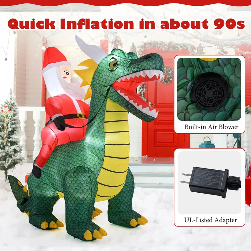 6.7-Foot Inflatable Santa on Dinosaur  Outdoor Holiday Decoration with Built-in Lights and Ground Stakes