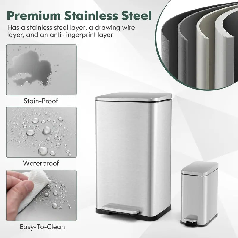 Dual-Size Step-Activated Stainless Steel Trash Can Set (10.6 Gal + 1.6 Gal)