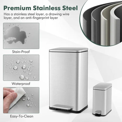 Dual-Size Step-Activated Stainless Steel Trash Can Set (10.6 Gal + 1.6 Gal)