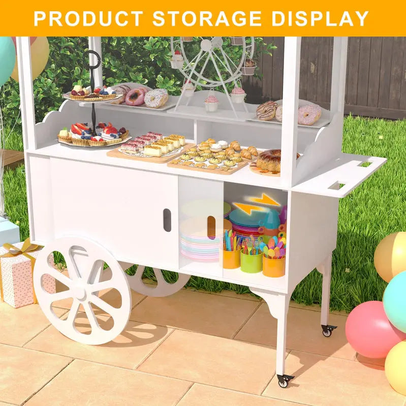 Wooden Dessert Cart with Wheels  Mobile Candy or Party Serving Station with Cabinet Storage