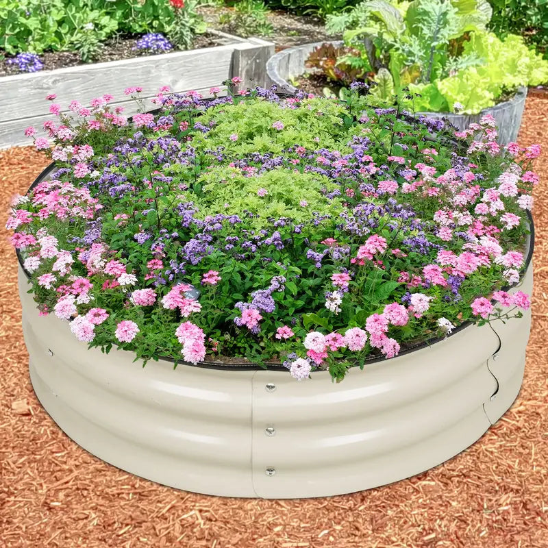 Aoodor 9” Tall Aluzinc Metal Raised Garden Bed 30” Round, Outdoor Garden Planter Box Beige Set of 2