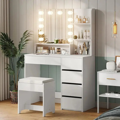 Furniouse Lighted Vanity Mirror Set with 5-Drawer Storage Table  Modern Makeup Station