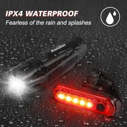 Ascher Ultra-Bright USB Rechargeable 4-Mode Bike Light Set  Powerful Front & Rear Lights for Cycling