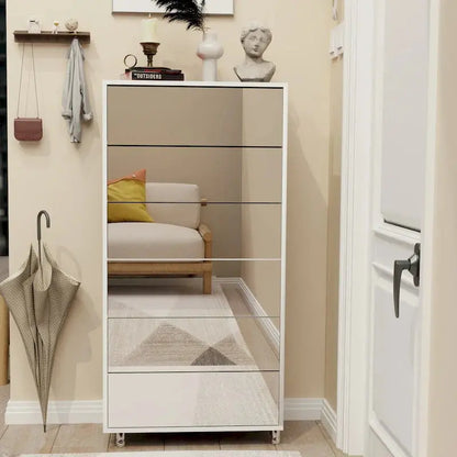Mirror-Front Shoe Cabinet — 6 Flip-Down Drawers, Metal Frame, Touch-Activated Doors