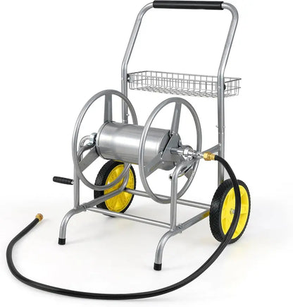 Heavy-Duty Metal Hose Cart  Dual-Wheel Design with Basket, Holds Up to 230 ft of 5/8″ Hose