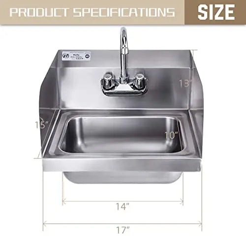 HALLY Stainless Steel Sink for Washing with Faucet and Side Splash, 17 x 15 Inches