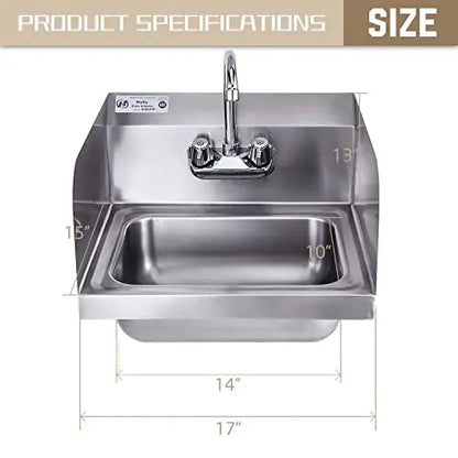 HALLY Stainless Steel Sink for Washing with Faucet and Side Splash, 17 x 15 Inches