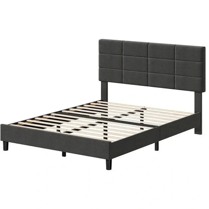 Linen-Finished Platform Bed Frame with Solid Wood Slats and Supportive Base