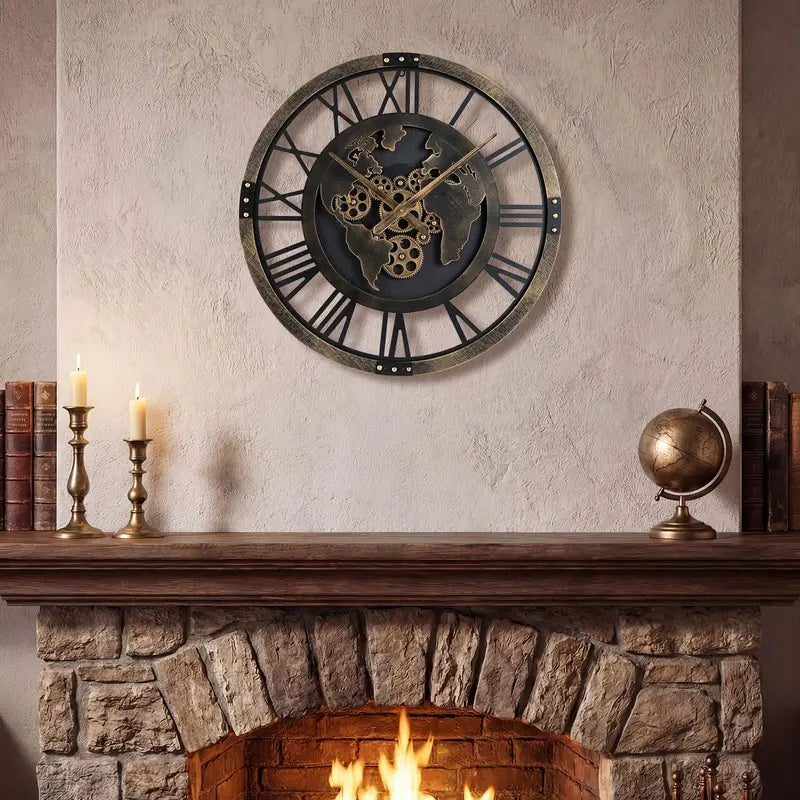 27-Inch Gear-Driven World Map Wall Clock  Silent, Decorative Metal Design with Rotating Gears