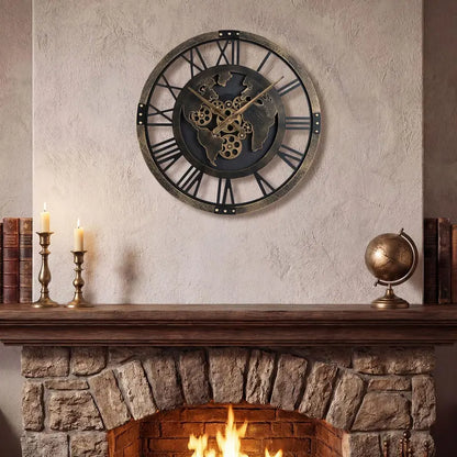 27-Inch Gear-Driven World Map Wall Clock  Silent, Decorative Metal Design with Rotating Gears