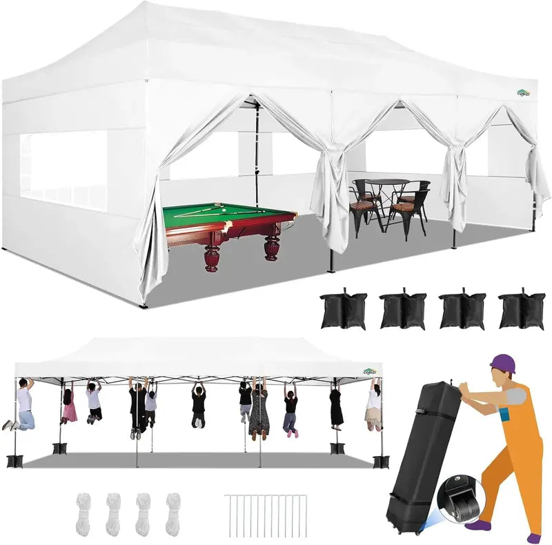 COBIZI Heavy-Duty 10×20 FT Pop-Up Canopy Tent  6 Wind-Resistant Sidewalls, Black Frame, Roller Bag