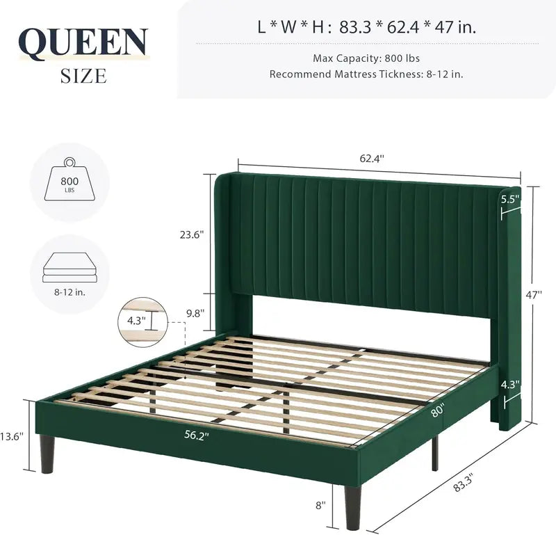 Allewie Full Size Velvet Wingback Bed  Channel-Tufted Upholstered Frame with Vertical Headboard