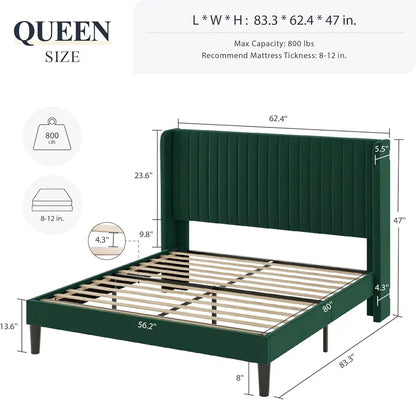 Allewie Full Size Velvet Wingback Bed  Channel-Tufted Upholstered Frame with Vertical Headboard