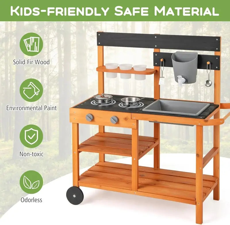 OLAKIDS Outdoor Mud Kitchen Playset  Rolling Wooden Kids’ Cooking Station with Removable Sink, Accessories, and All-Terrain Wheels for Ages 3+