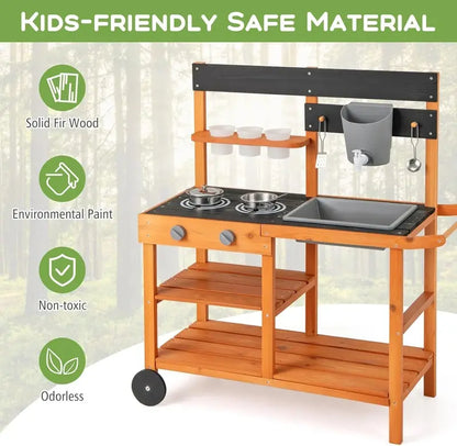 OLAKIDS Outdoor Mud Kitchen Playset  Rolling Wooden Kids’ Cooking Station with Removable Sink, Accessories, and All-Terrain Wheels for Ages 3+