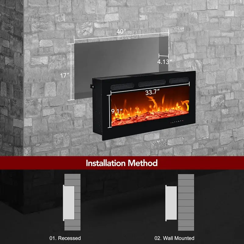 EUHOMY 50-Inch Recessed & Wall-Mounted Electric Fireplace  Adjustable Flame Color, Touchscreen, Timer & Remote, 750/1500W Linear Heater