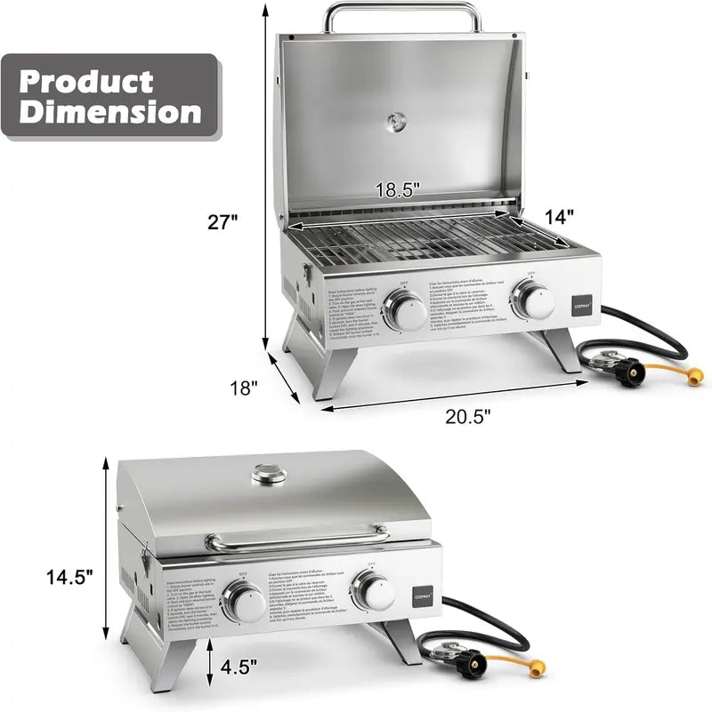 Heavy-Duty Propane BBQ Grill  50,000 BTU, 4 Main Burners + Side Burner, Stainless Steel Construction, Rolling Cart Design