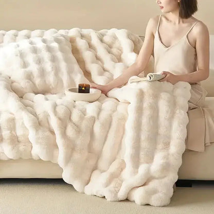 Reversible Textured Throw Blanket  Dual-Sided Bubble-Knit Design