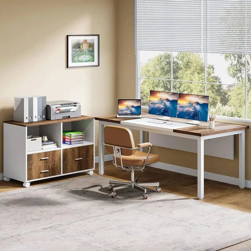 L-Shaped Executive Desk with File Cabinet  63″ Gray Home Office Workstation with Locking Doors and Hanging File Storage