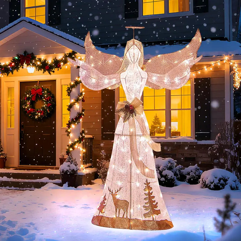 Pre-Lit 3D Glittered Angel Ornament with 100 Warm White Lights, Halo, Bow, and Ground Stake