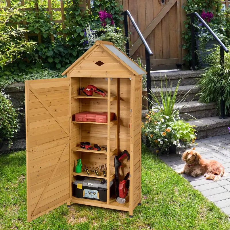 Lockable Wooden Garden Storage Shed  Fir Wood Outdoor Tool Cabinet for Yard or Patio