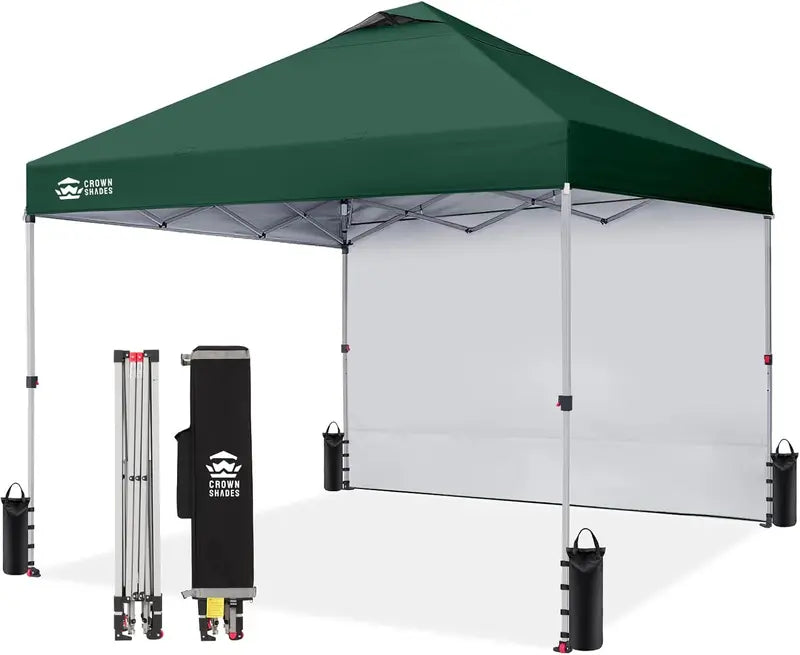 CROWN SHADES 10′ x 10′ Pop-Up Canopy with Single Sidewall: Portable Event Shelter for Parties, Campgrounds, and Outdoor Markets — Includes STO-N-Go Carry Bag