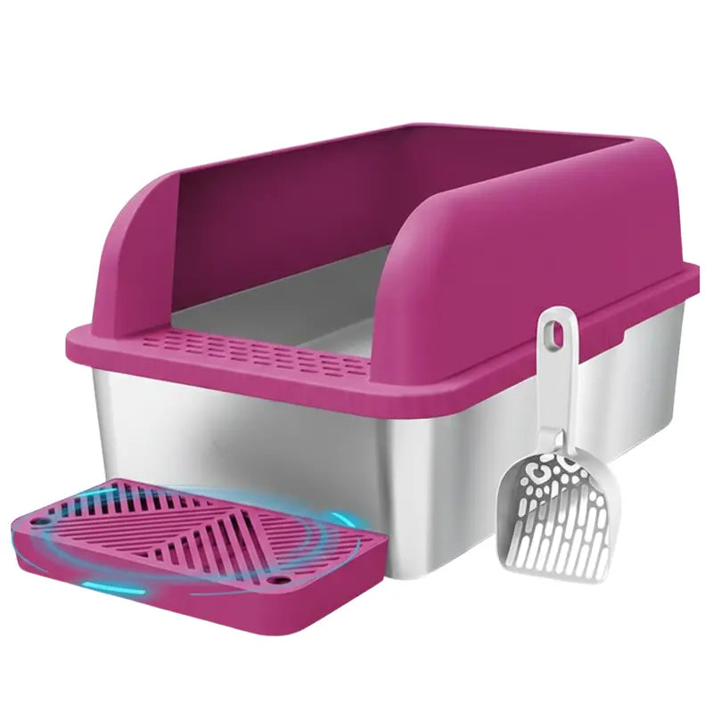 Extra-Large Covered Cat Litter Box with Stainless Steel Pan, High Walls, and Integrated Scoop