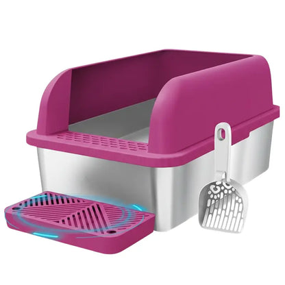 Extra-Large Covered Cat Litter Box with Stainless Steel Pan, High Walls, and Integrated Scoop