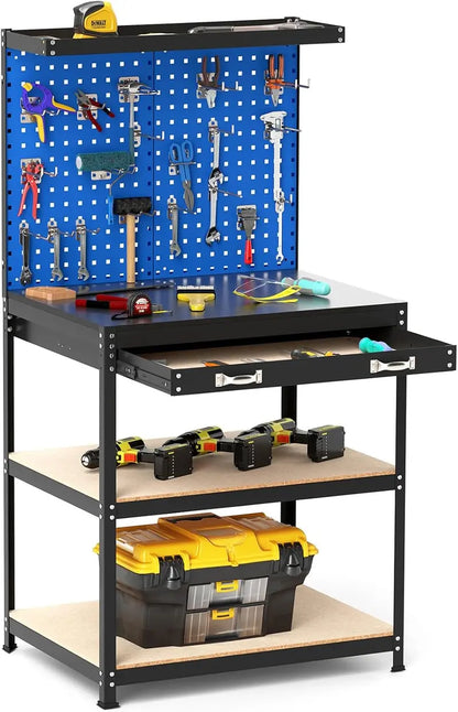 Compact 32″ x 16″ Workbench with Pegboard, Dual Shelves, and Worktop