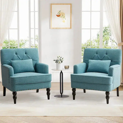 Set of 2 Button-Tufted Accent Chairs  Upholstered Armchairs with Lumbar Support Pillows in Beige, Grey, or Light Blue