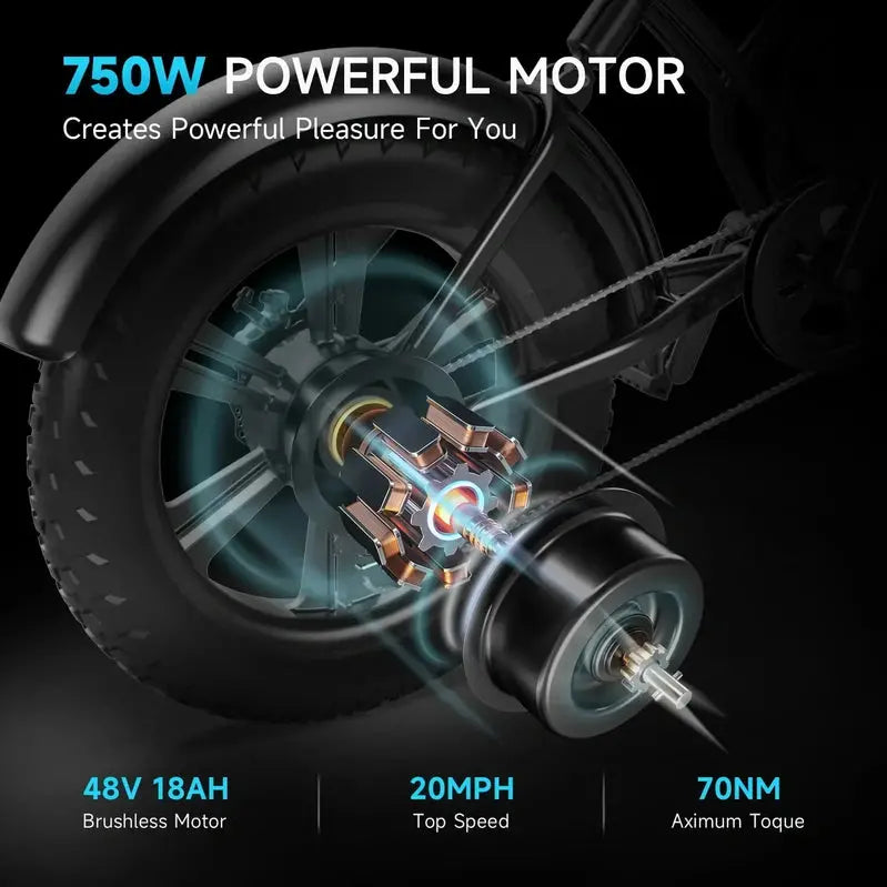 Happyrun 20″ Fat-Tire Electric Bike  750W Motor, 48V 18Ah Removable Battery, 20 MPH Top Speed, 68-Mile Range