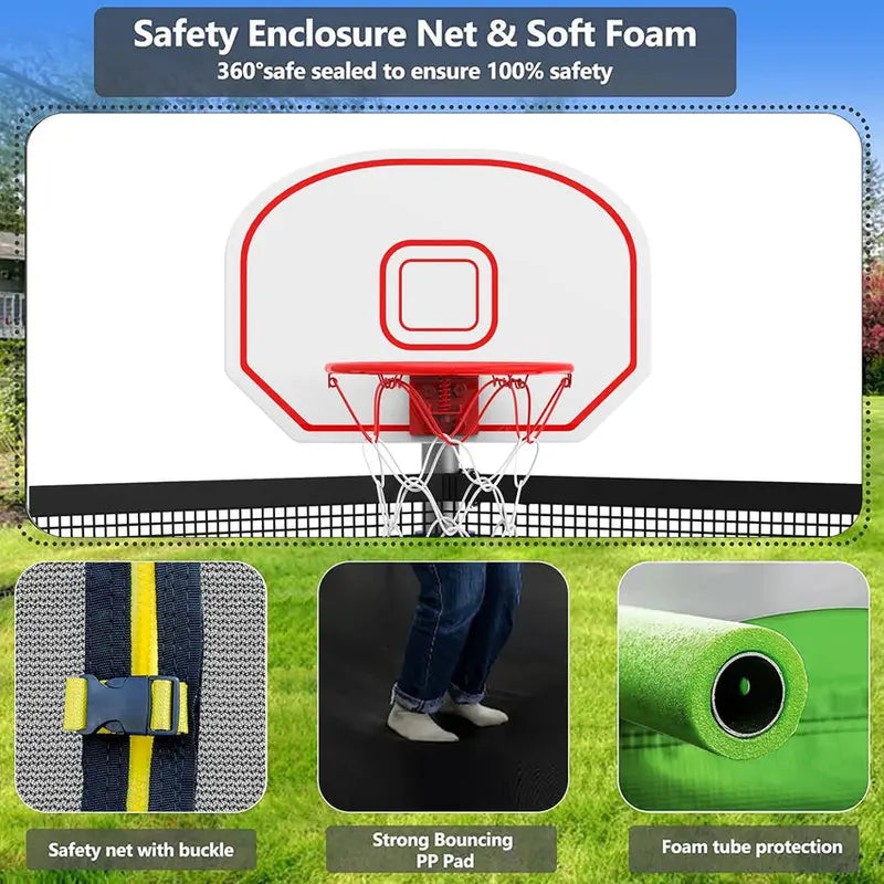 16-Foot Upgraded Trampoline with Enclosure Net and Adjustable Basketball Hoop