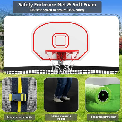 16-Foot Upgraded Trampoline with Enclosure Net and Adjustable Basketball Hoop