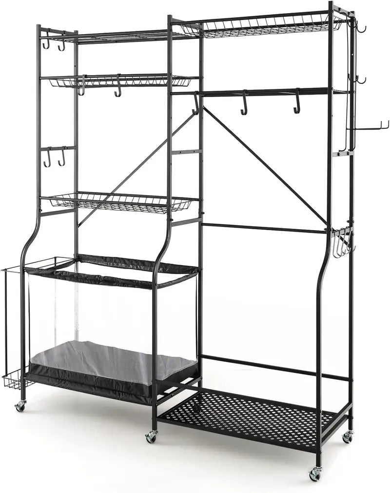 Mobile Garage Sports Organizer with Ball Rack, Basket, and Adjustable Shelves