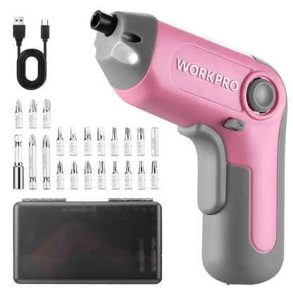 WORKPRO 3.6V Offset-Shaft Cordless Screwdriver  22-Piece Bit Set in Pink Ribbon Packaging