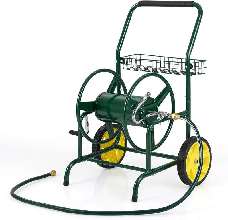 Heavy-Duty Metal Hose Cart  Dual-Wheel Design with Basket, Holds Up to 230 ft of 5/8″ Hose