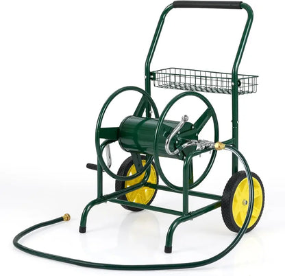 Heavy-Duty Metal Hose Cart  Dual-Wheel Design with Basket, Holds Up to 230 ft of 5/8″ Hose