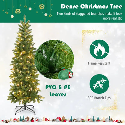 5-Foot Pre-Lit Slim Pencil Christmas Tree with 390 PVC/PE Branch Tips