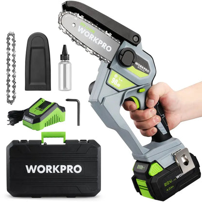 WORKPRO 20V Brushless Cordless Compact Chainsaw  Includes 4.0Ah Battery & Replacement Chain